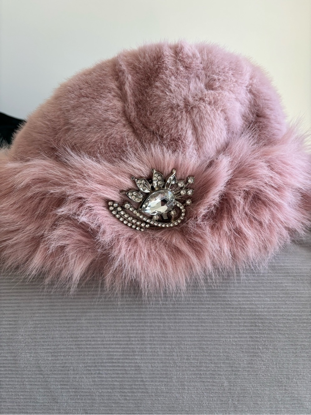 Plush Pink Faux Fur Hat with Crystal Accent